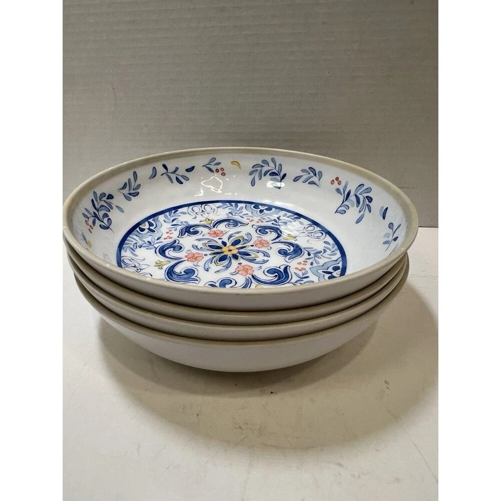 Melamine Pasta Bowls Mediterranean Print Blue Yellow On White Tan Rim Set of 4